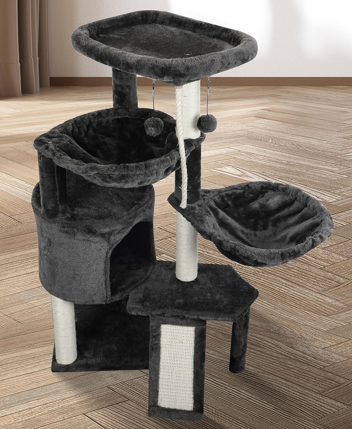 Xin Three Layer Cat Tree with Cat Condo and Two Hammocks,Grey