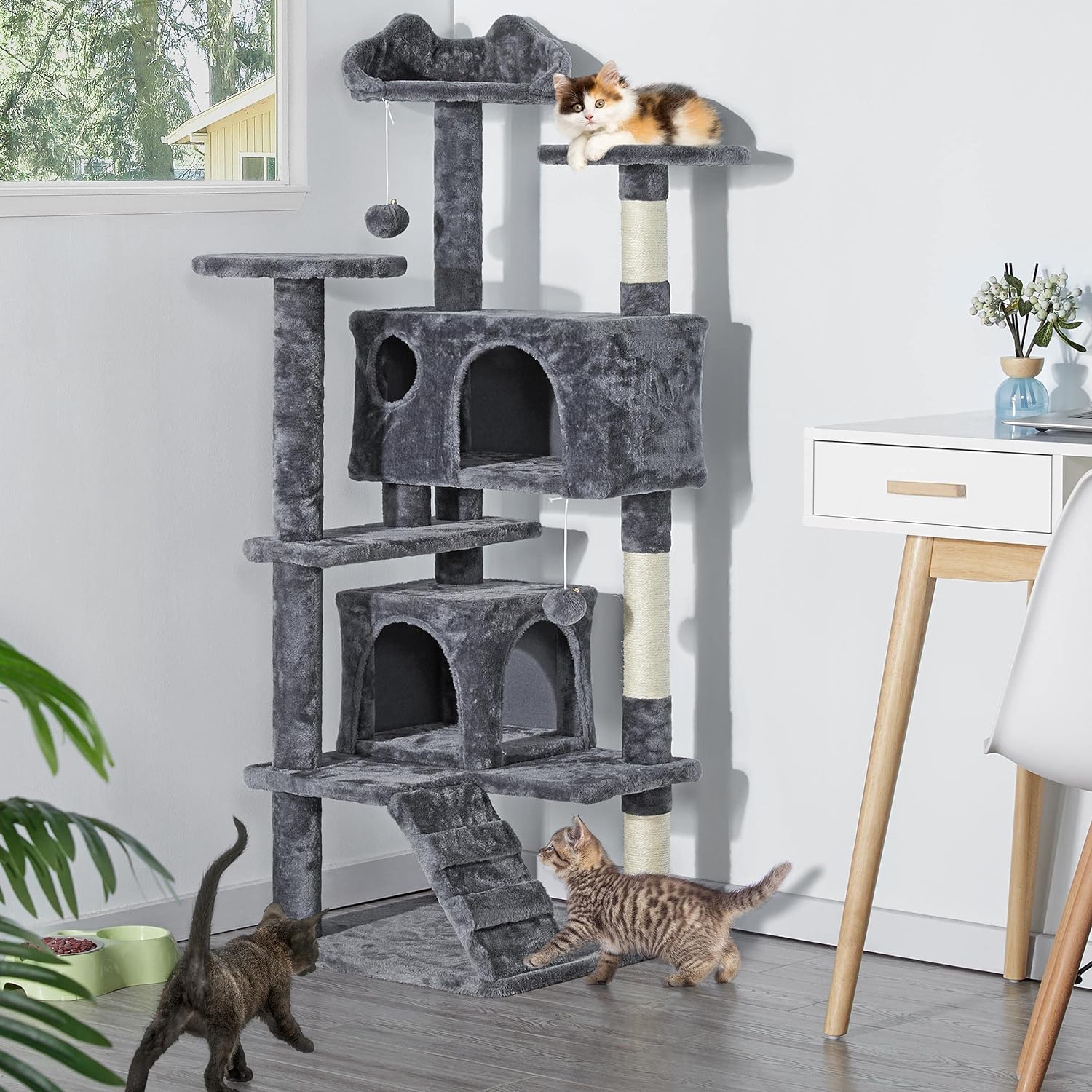 Yaheetech - Torre de árbol para gatos de 54 pulgadas, mueble de condominio, poste rascador para gatitos, casa de mascotas 