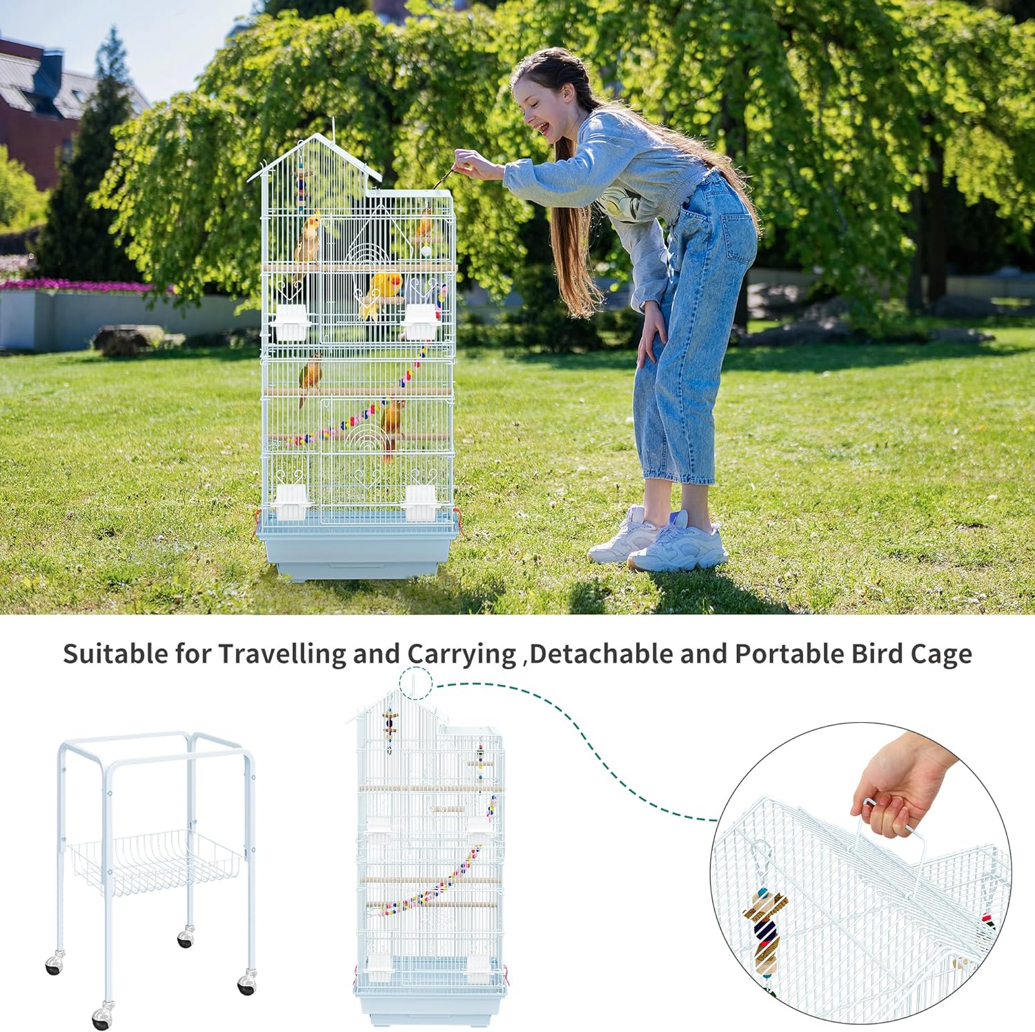 YITAHOME 62 inch Metal Bird Cage, Large Parakeet Cages for Parrot, Cockatiel, Lovebird, Pigeon with Roof Top, Rolling Stand and Hanging Toys