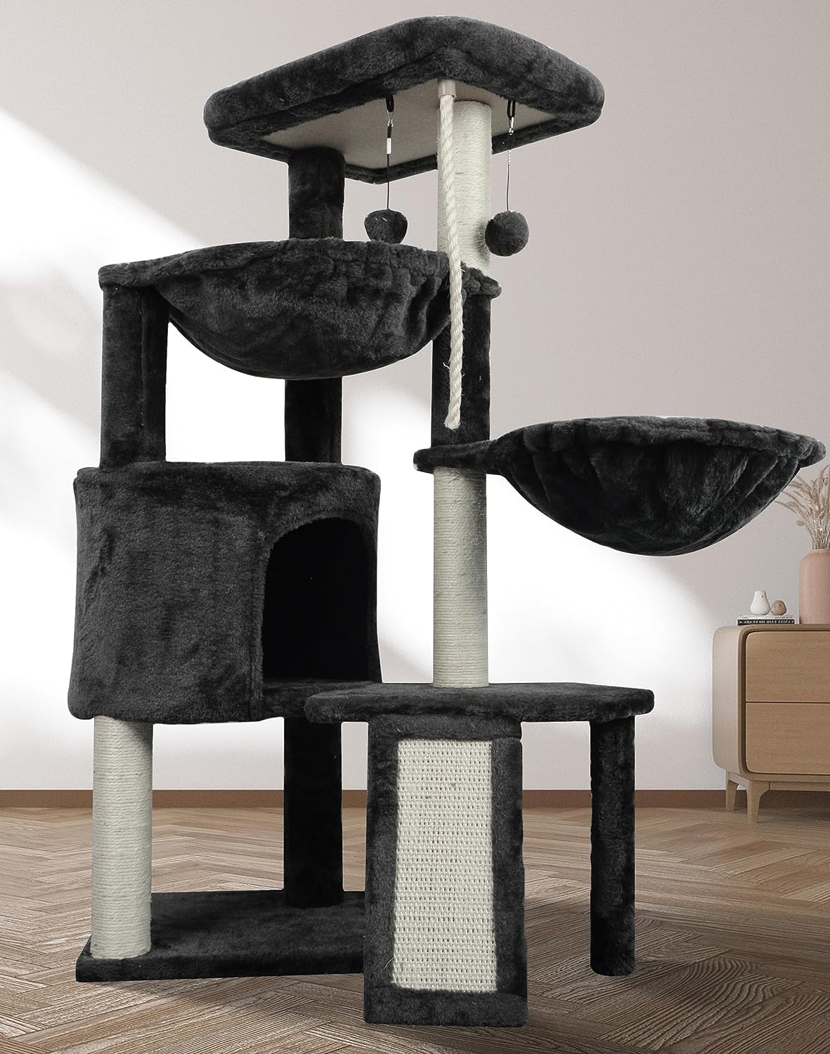 Xin Three Layer Cat Tree with Cat Condo and Two Hammocks,Grey