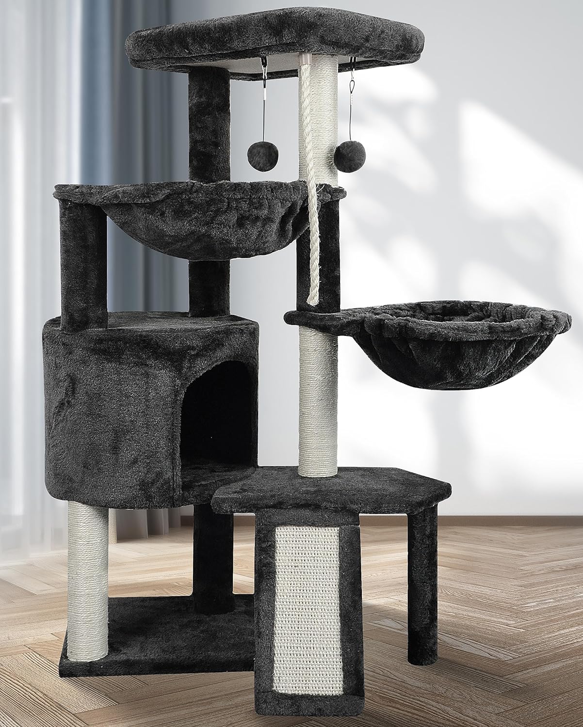 Xin Three Layer Cat Tree with Cat Condo and Two Hammocks,Grey