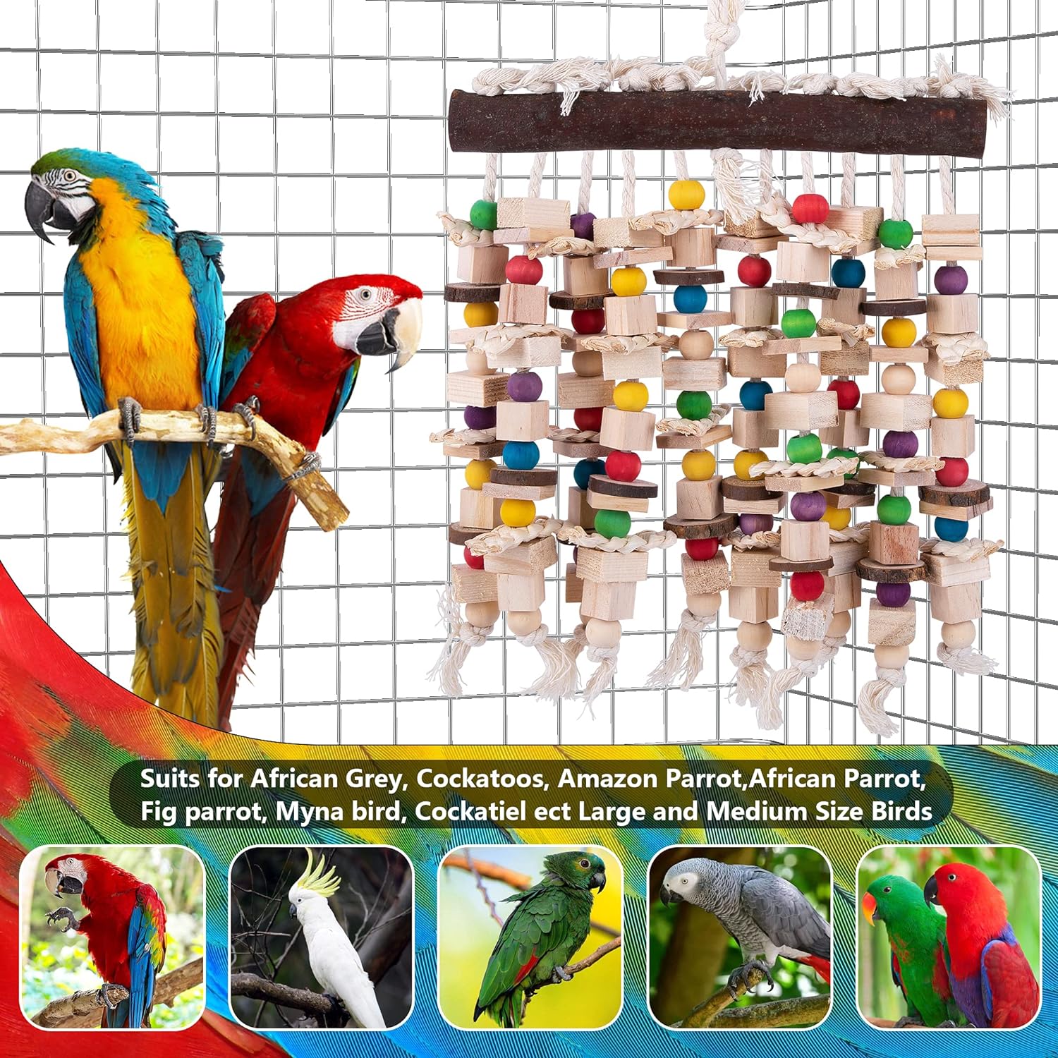 Deloky Juguete para masticar loros y pájaros grandes, bloques de madera natural multicolores, juguetes para desgarrar loros y pájaros, sugeridos para guacamayos grandes, cokatoos, gris africano y una variedad de loros amazónicos (15,7" x 9,8") 